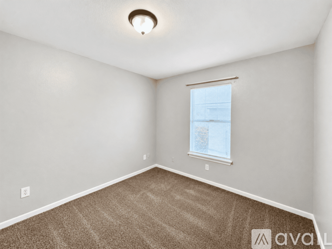 A carpeted room with a window and a ceiling light.