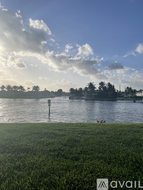 A body of water with a cloudy sky and a grassy shore.