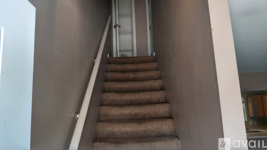 A staircase with a carpeted runner and a metal handrail.