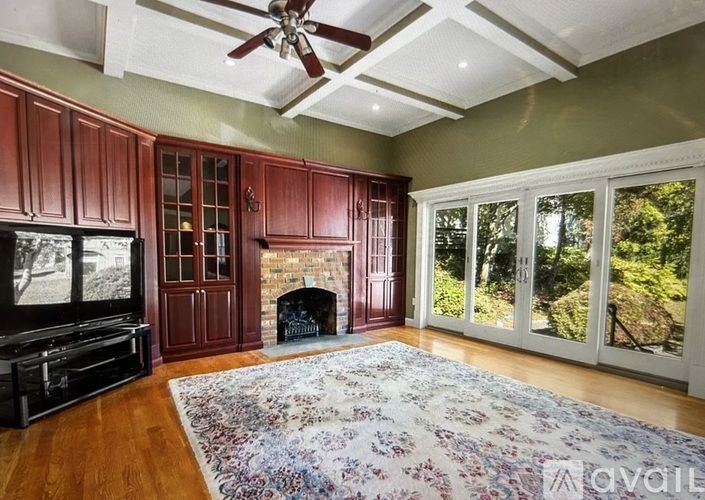A living room with a fireplace and a television.