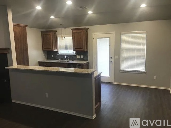 A kitchen with a counter and cabinets.