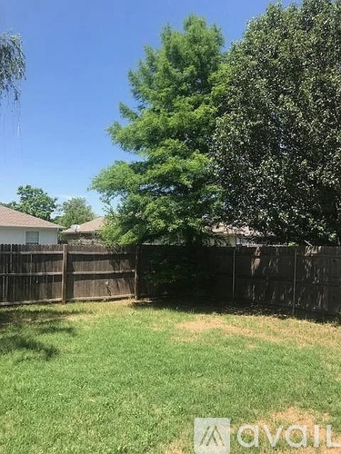 A backyard with a fence and trees.