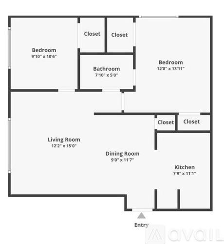 A floor plan of a house with a living room, two bedrooms, a bathroom, a dining room, and a kitchen.