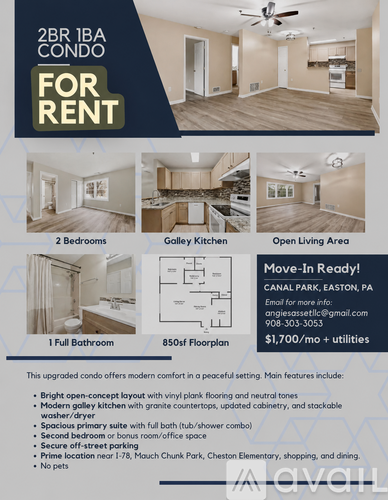 A 2 bedroom, 1 bathroom condo is for rent in Canal Park, Easton, PA.