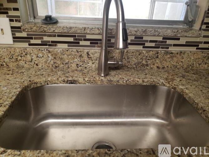 A stainless steel kitchen sink with a chrome faucet.