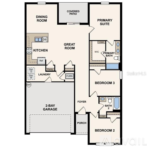 A floor plan of a house with a primary suite, two bedrooms, a garage, and a laundry room.