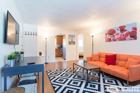 A living room with a black and white rug and a red couch.