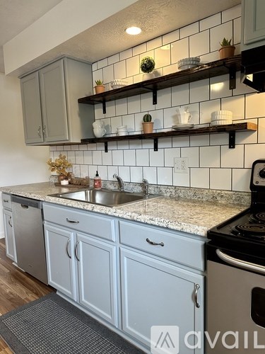 A kitchen with a sink and a stove.