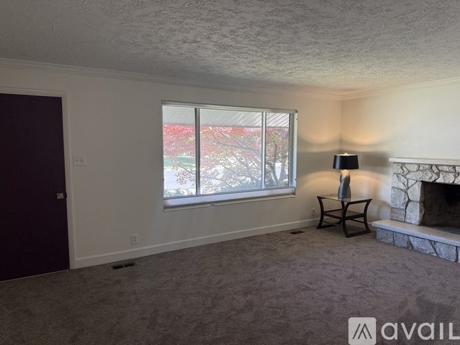 A room with a fireplace and a window with a view of trees outside.
