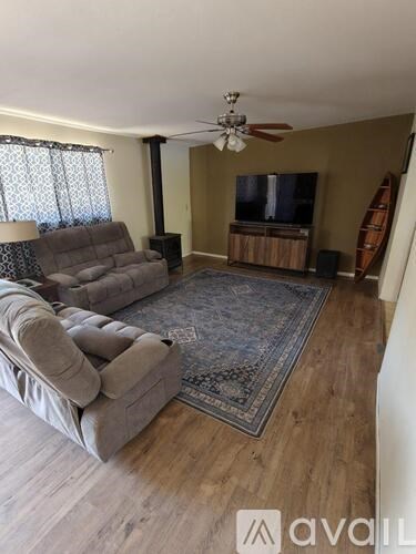 A living room with a grey couch and a rug.