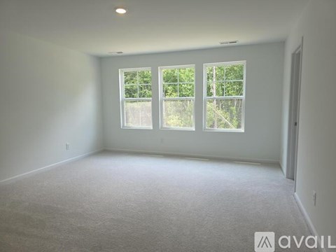 A spacious room with carpeted floor and three windows.