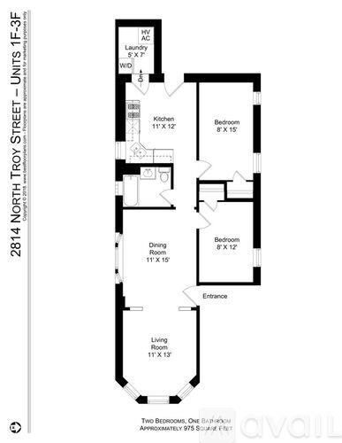 A floor plan of an apartment at 2814 North Troy Street shows two bedrooms, one bathroom, and an approximate size of 975 square feet.