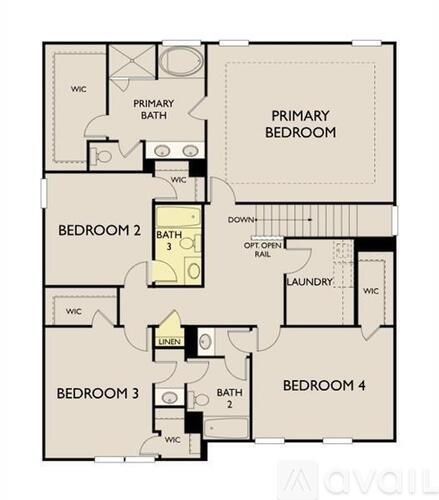 A floor plan of an apartment with four bedrooms and a laundry room.