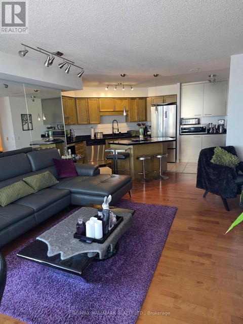 A modern kitchen with wooden cabinets and a purple rug in the middle of the room.