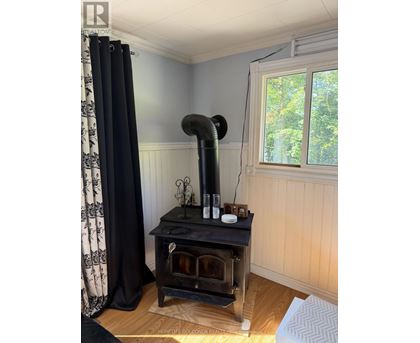 A wood stove in a room with a window showing trees outside.
