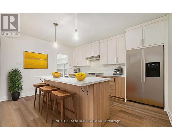A kitchen with wooden cabinets and a white countertop.
