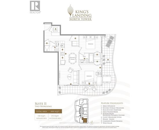 A floor plan for a property at King's Landing North Tower showing two bedrooms and a total area of 1000 sqft.