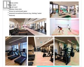 A gym with a variety of equipment including treadmills, weights, and a yoga room.