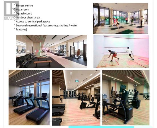 A gym with a variety of equipment including treadmills, weights, and a yoga room.