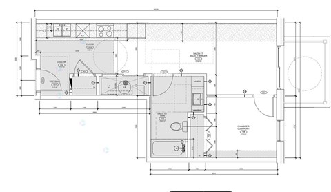 A detailed technical drawing of a mechanical device with various labeled parts and dimensions.