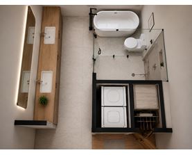 A bathroom with a white tub and toilet, a wooden medicine cabinet, and a mirror.