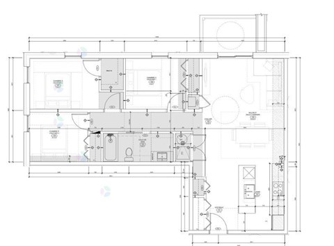 A detailed architectural floor plan of a building with various rooms and measurements.