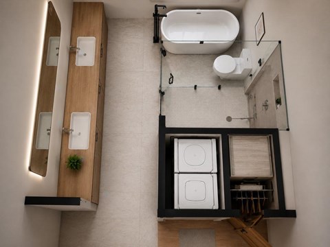 A bathroom with a white tub and toilet, a wooden medicine cabinet, and a mirror.
