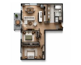 A top-down view of a house layout with a living room, kitchen, dining area, and bedrooms.