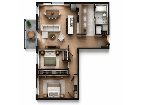 A top-down view of a house layout with a living room, kitchen, dining area, and bedrooms.