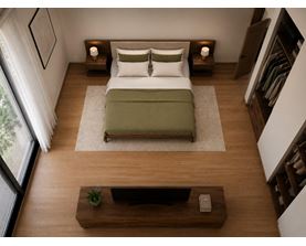 A bedroom with a bed, nightstands, and a window.