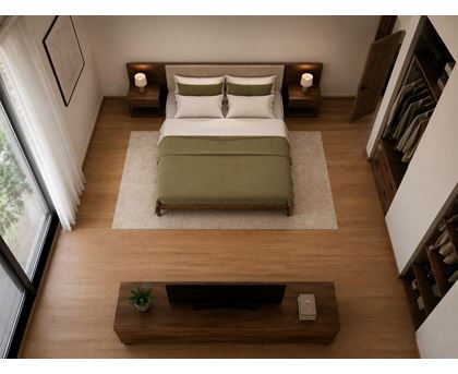 A bedroom with a bed, nightstands, and a window.