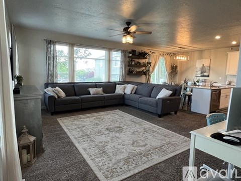 A living room with a grey couch and a rug.