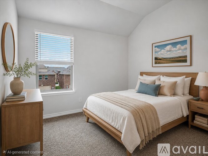 A well-lit bedroom with a large bed and a painting on the wall.