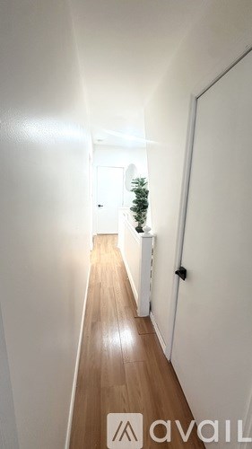 A long hallway with a tree in the distance.