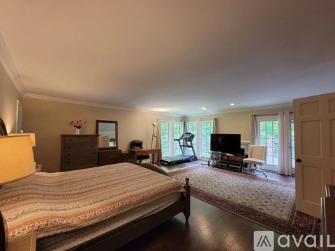A bedroom with a large bed and a television in the corner.