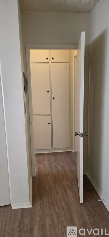 A white door with a black handle is open to a hallway.