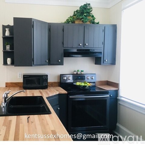A kitchen with black cabinets and a wooden countertop.