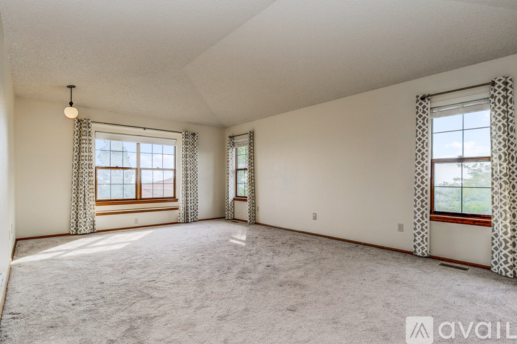A spacious room with carpeted floor and patterned curtains on the windows.