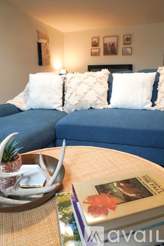 A living room with a blue couch and a coffee table with a book and a plant on it.