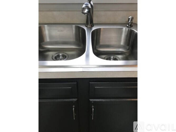 A kitchen with two sinks and black cabinets.