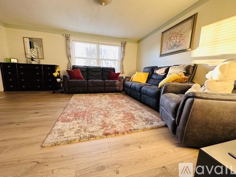A living room with a black leather couch and a red rug.
