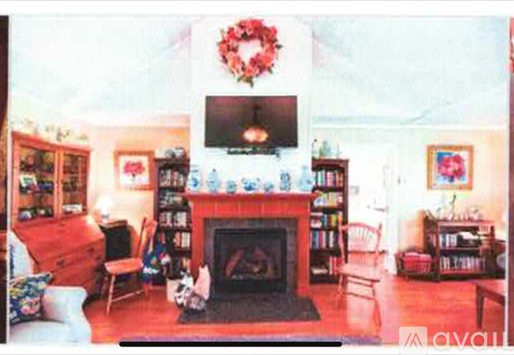 A living room with a fireplace and a TV above it.