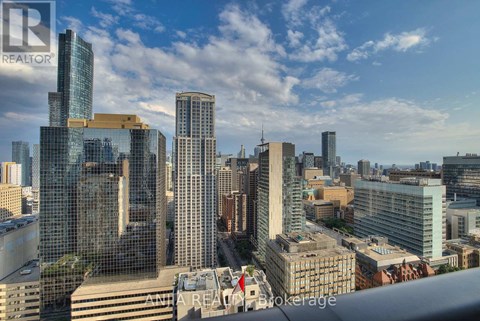 A cityscape with tall buildings and a clear sky.