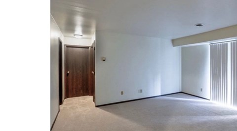 A room with a carpeted floor and a wooden door.