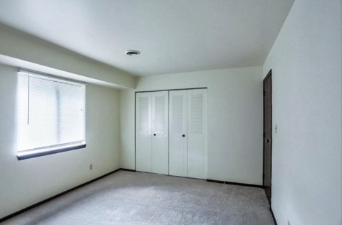A room with a window, carpeted floor, and a white closet.