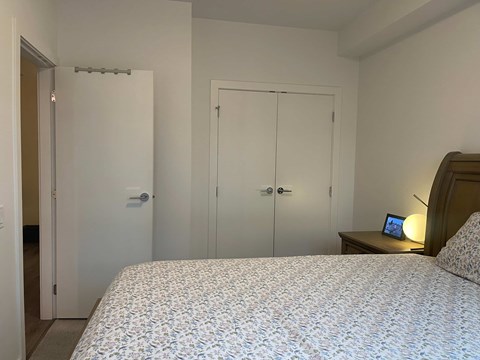 A bedroom with a bed, a nightstand with a lamp, and two closets.
