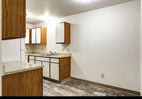 A bathroom with a sink and wooden cabinets.