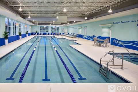 A large indoor swimming pool with lanes marked for swimming.