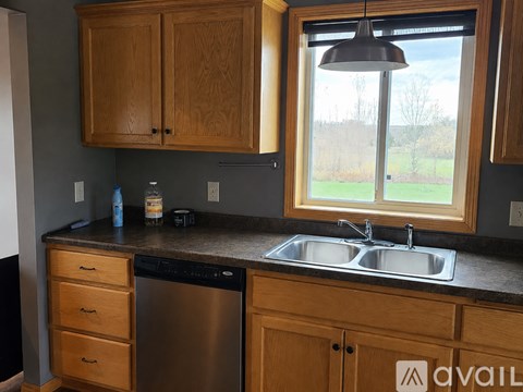 A kitchen with wooden cabinets and a stainless steel dishwasher.