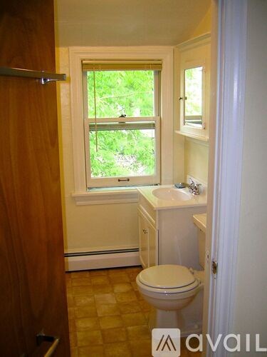 A bathroom with a toilet, sink and window.